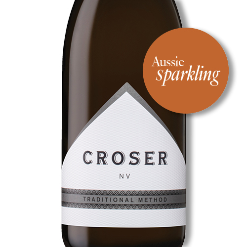 Bottle of Croser Non Vintage wine and the text ‘Aussie Sparkling’ in an orange circle.