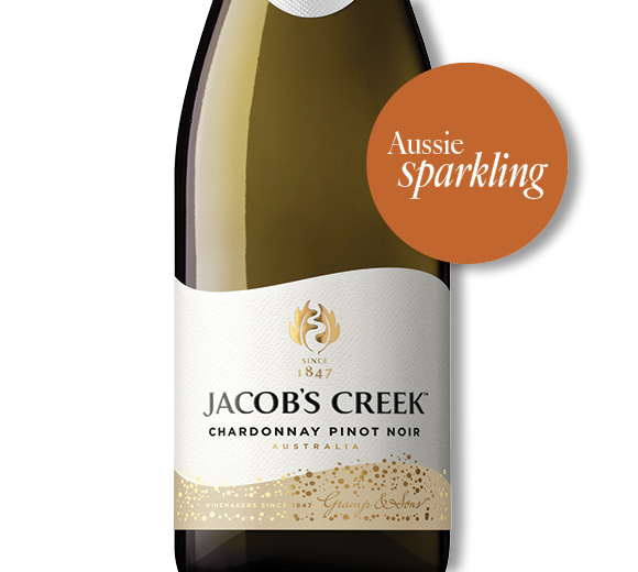 Bottle of Jacob’s Creek Chardonnay Pinot Noir sparkling wine from Australia, featuring a white label with gold accents and the text ‘Aussie Sparkling’ in an orange circle.